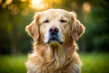 Fototapeta premium A golden retriever is sitting in a grassy field