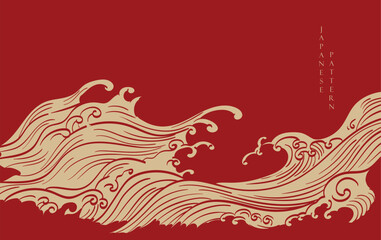 Gold brush stroke texture with Japanese chinses wave pattern in vintage style. Abstract art landscape banner design