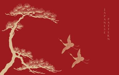 Red Japanese background with line Chinese template pattern vector. Bonsai tree and crane birds with geometric pattern. Frame and border design in retro style.