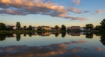 Fototapeta premium 夕焼け空、水面に映る街並みの美しい対称性