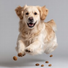 Excited golden retriever dog joyfully jumping in the air with a treat in its mouth capturing the essence of playfulness