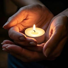 "Close-Up of Human Hands Holding a Small Candle, Symbolizing Hope, Warmth, Fragility, Compassion, Light in Darkness, and Silent Strength"