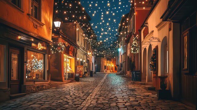Festive European Street Decorated with Christmas Lights and Cobblestone Road at Night