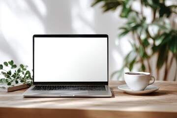 Laptop setup on a desk with coffee near a plant. Mockup image for work/study