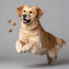 Joyful golden retriever dog leaping into the air with a ball in its mouth expressing pure happiness and energy