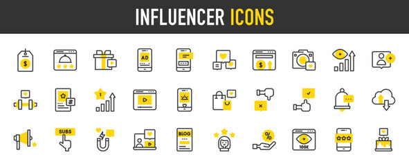 Influencer vector icons. such as Video, Likes, Add, Girl, Star, Hand, Phone, Fitness, Blog, Shopping Bag, Laptop, Cloud, Price Tag, Viewers, Like, Megaphone, Subscribe illustration.	
