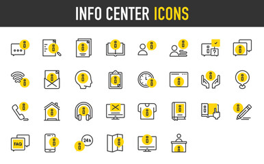 Info center vector stroke icons. such as Info, Tshirt, Book, User, Open Book, Information Point, Pencil, Email illustration.	
