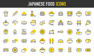 Japanese food vector icons. such as Matcha Tea, Shaved Ice, Prawns, Dim Sum, Uramaki, Tempura, Bento, Yakisoba, Miso, Kimchi, Dango, Shoyu , Mackerel, Maki, Mochi, Shiitake illustration.