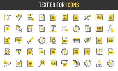 Text editor vector icons. such as Doc, Pdf, Print, Hidden, Line Spacing, Filter, Attachment, Paste, Write, Table, Font, Justify, Cut, Flip, Height, Horizontal, Import illustration.	

