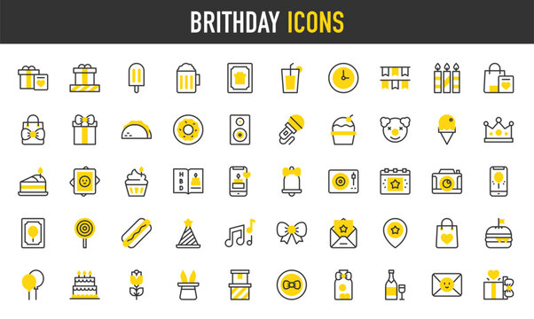 Brithday vector icons. such as Bow, Location , Clown, Clock, Gift Bag, Crown, Rose, Birthday Cake, gift, food, Microphone, Calendar, Envelope, Pictures, Music, Birthday Card, Slice illustration.	
