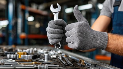 Mechanic's Approval: A gloved hand confidently displays a wrench with a thumbs-up, symbolizing skilled craftsmanship and reliable service in a workshop.