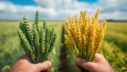 Two hands hold bunches of wheat, one green, one golden, against a sunlit field