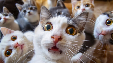 A group of curious cats staring directly at the camera with wide, surprised eyes, captured in a humorous and chaotic moment.