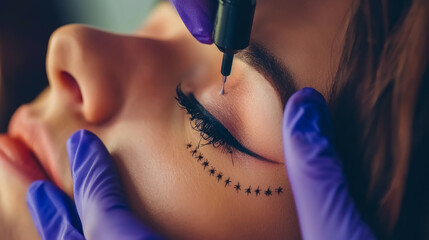 Close-up of a woman receiving a star-shaped tattoo under her eye, highlighting cosmetic or decorative face tattooing.