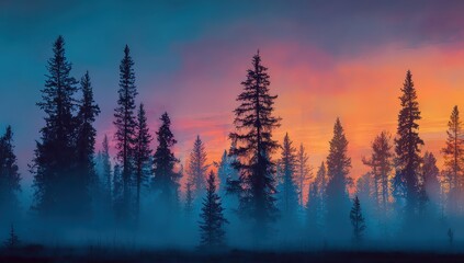 Silhouetted evergreen forest at dawn, misty, vibrant sunset hues painted across the sky