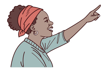 Woman Pointing: A joyful Black woman with a red headscarf points enthusiastically, radiating positivity and guidance.