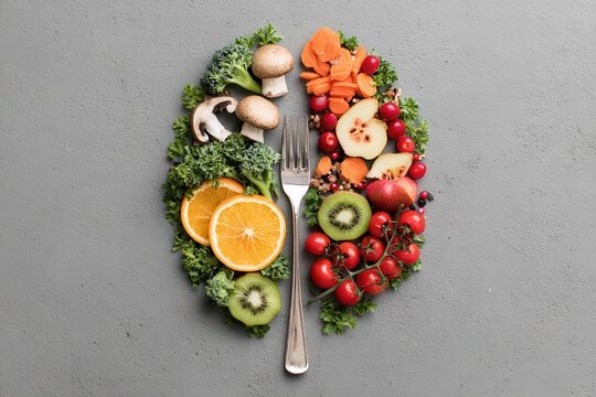 A fork divides vibrant fruits and vegetables arranged in the shape of a brain on a grey surface