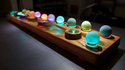 A row of colorful, glowing spherical LED mood lamps rests on a long wooden base in a dark room.
