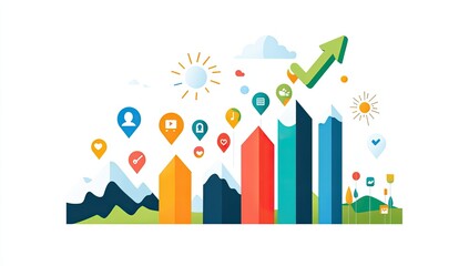 Colorful graphic depicting social media growth. Mountains, colorful bar graphs, upward green arrow, various social media icons, sun, clouds, and landscape elements.