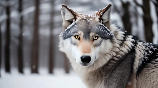 a wolf is turning its head against the backdrop of falling snow 