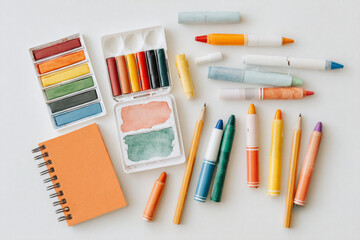 Naklejka premium Art supplies arranged white background, featuring vibrant colors and various tools