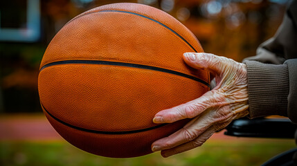 Close-up of a senior person's hand holding a basketball, representing sports, aging, and active lifestyle in old age.