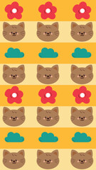 cute cartoon cat with flowers and clouds in yellow patchwork style. cute drawing for phone wallpaper and background