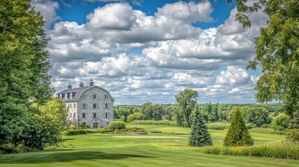Naklejka premium Stone barn on a golf course with lush green landscape under a cloudy sky.