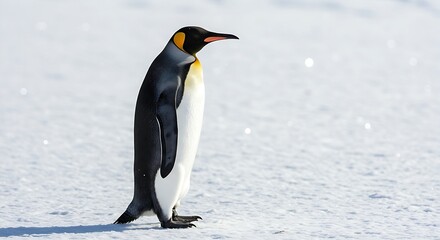 Obraz premium A single emperor penguin, aptenodytes forsteri, standing tall on a vast snow and ice expanse, looking into the distance