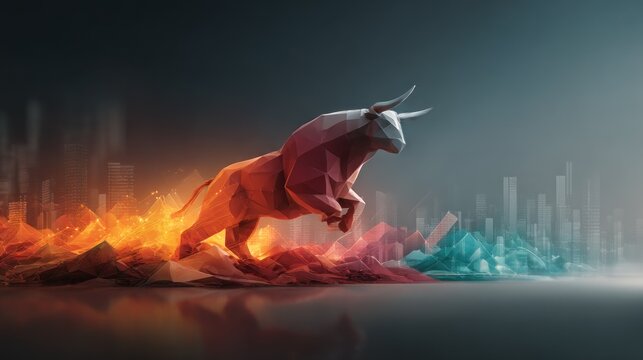 Bull in geometric style, cityscape backdrop