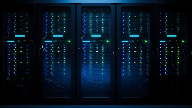Modern Data Center Server Racks: Illuminated Network Hardware, Blue and Green LED Lights, High-Tech Infrastructure. - Powered by Adobe