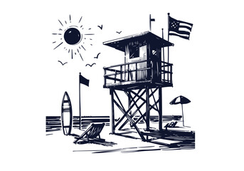 Beach scenery hand drawn sketch vector illustration