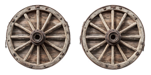 Pair of antique wooden wagon wheels. Rustic, vintage, western, old.