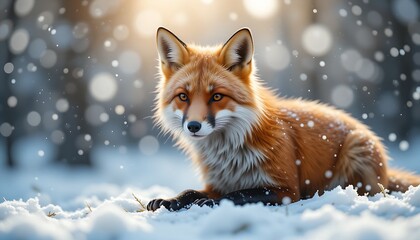 Fototapeta premium A beautiful red fox, a vulpes vulpes, with alert expression, standing in a pristine snow-covered winter landscape,