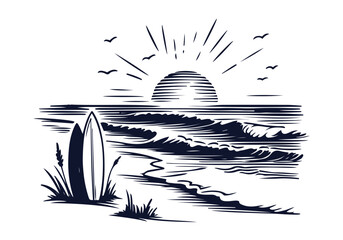 Beach scenery hand drawn sketch vector illustration