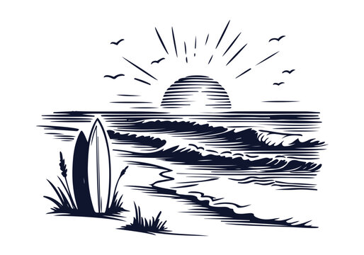 Beach scenery hand drawn sketch vector illustration