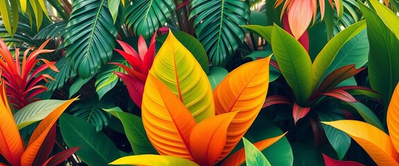 Fototapeta premium Vibrant jungle leaves panorama, abstract summer design, nature, wallpaper