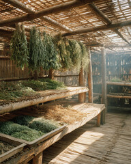 Dried herbal plants hanging and displayed on bamboo racks in rustic setting