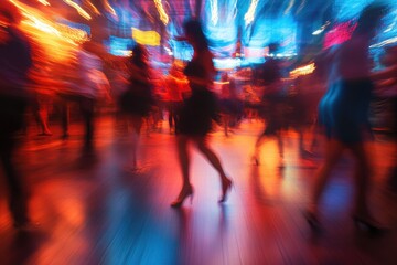 Energetic nightclub dancing captured in a vibrant atmosphere with blurred figures moving rhythmically to the music at night