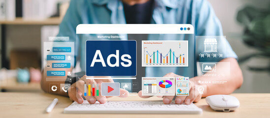 Digital marketing dashboard interface with ads panel, AI chatbot, video content, e-commerce, and analytics tools. Concept of online advertising and automation in business.