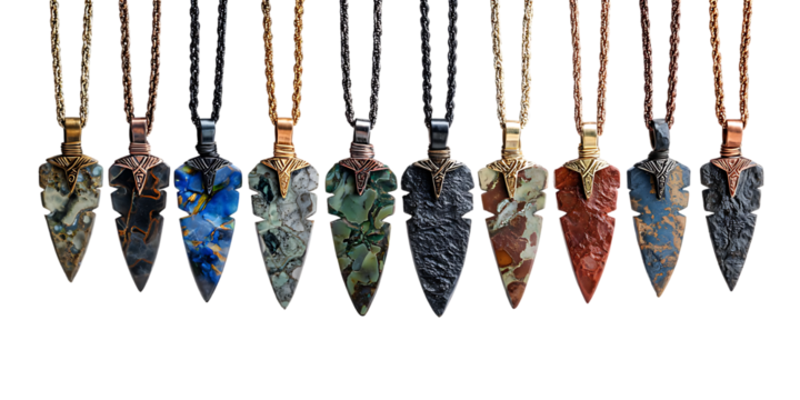 Collection of arrowhead pendants with various stone colors and leather cords.