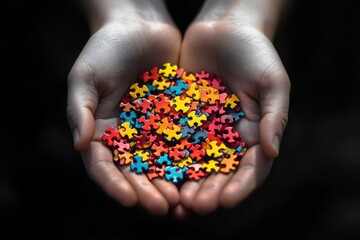 Hands hold colorful puzzle pieces symbolizing support for autism spectrum awareness in a heartfelt gesture of inclusion and love