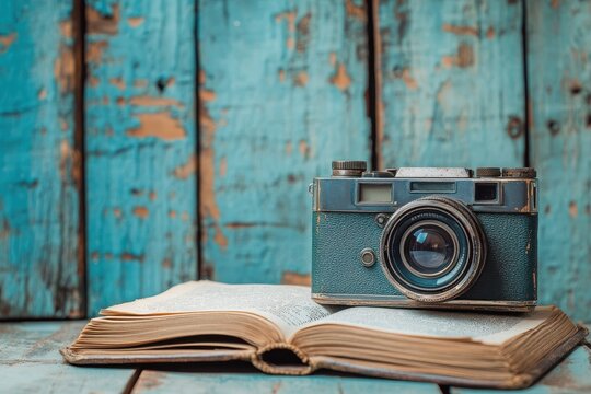 International Literacy Day concept highlighting the importance of reading with an open book and vintage camera on a rustic wooden table - Powered by Adobe