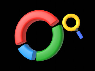 Pie diagram 3d icon with magnifying glass. Isolated object on a transparent background