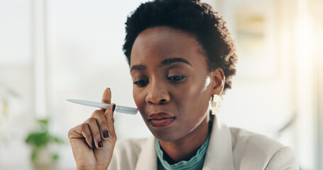 Thinking, ideas and black woman in office for planning creative project for publishing at magazine....