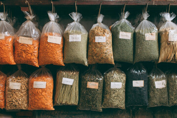 Vibrant display of dried herbs labeled plastic bags, showcasing variety of colors and textures