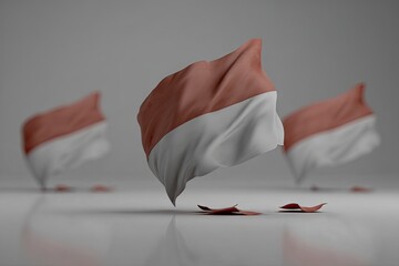 Three digitally rendered flags, light terracotta and white, billowing in the air, with fragments on a reflective surface
