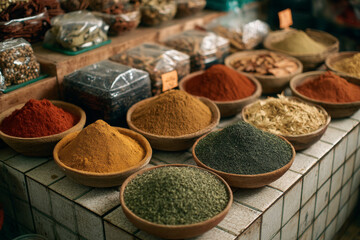 Vibrant variety of dried spices and herbs in open bowls, showcasing rich colors and textures