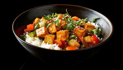 Tofu and vegetable stir-fry over rice in a dark bowl