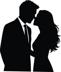 Silhouette of a couple embracing intimately with their faces close together in a romantic moment